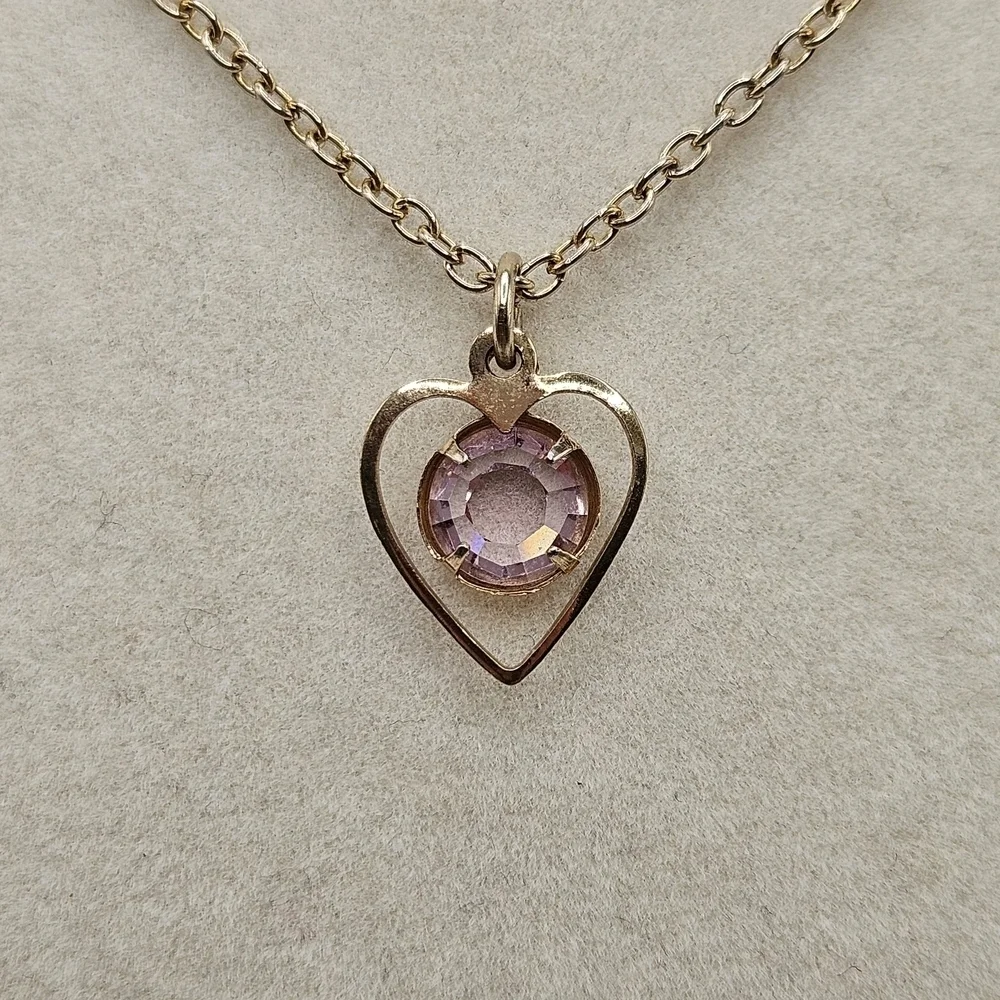 VINTAGE Child's Gold Tone Pink Rhinestone Heart Pendant Dainty Necklace